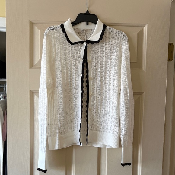 LOFT Sweaters - LOFT White Knit Cardigan with Black Scalloped Trim